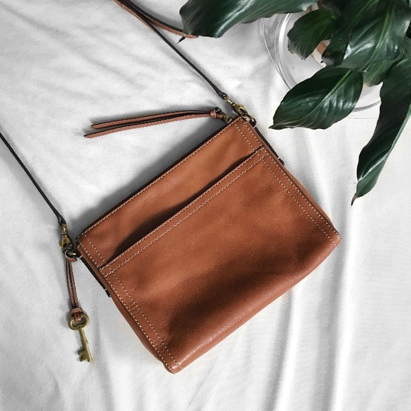 Fossil Handbags - Fossil Tan Leather Zip Top Crossbody Bag
